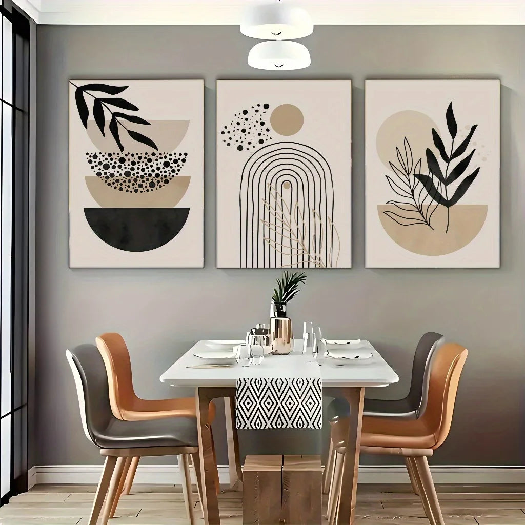 Set of 3Pcs Neutral Tones Beige Black Geometric Botanical Wall Art Fine Art Canvas Prints Modern Abstract Minimalist Pictures For Dining Room