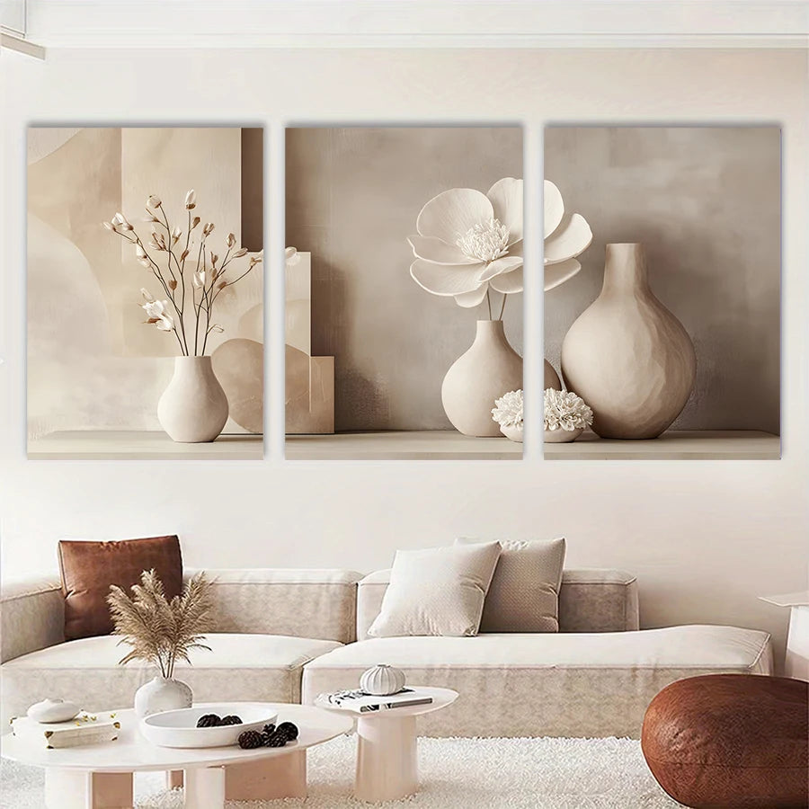 Decorative wall art with floral and vase elements in a living room setting.