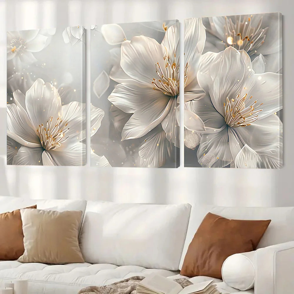 Set of 3Pcs Neutral Tones White Floral Abstract Wall Art Fine Art Canvas Prints Modern Botanical Pictures For Living Room Simple Bedroom Art Decor