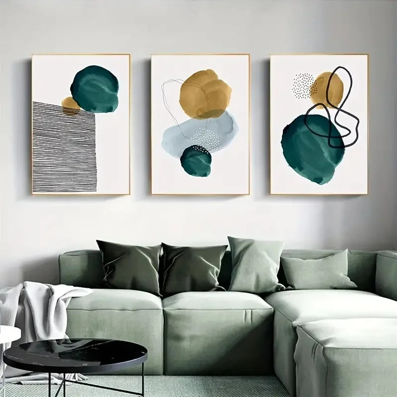 Modern living room with a green sofa and abstract art on the wall