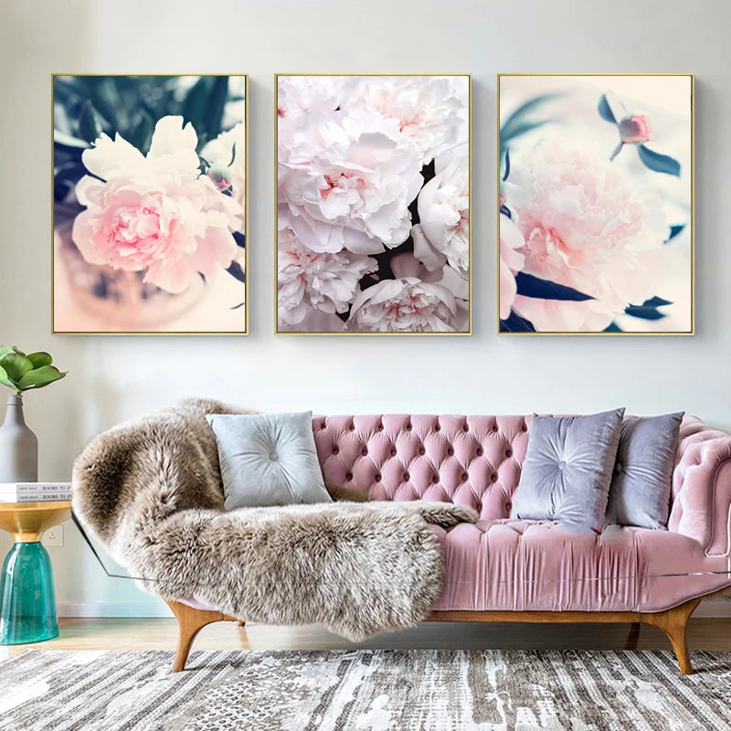Set of 3Pcs Pink Peony Floral Wall Art Fine Art Canvas Prints Modern Botany Pictures For Living Room Bedroom Boutique Salon Art Decor