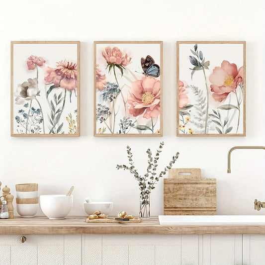 Set of 3Pcs Pink Wild Flower Butterfly Wall Art Fine Art Canvas Prints Modern Botanical Colorful Pictures For Living Room Dining Room Bedroom Home Decor