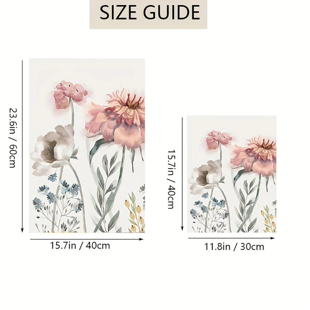 Size guide for floral wall art with dimensions displayed.