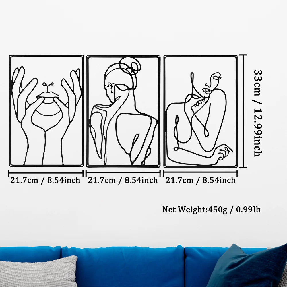 Set of 3Pcs Portraits Of A Lady Black Metal Wall Art 3d Iron Crafted Decorative Wall Plaques For Bedroom Living Room Boutique Salon Art Decor