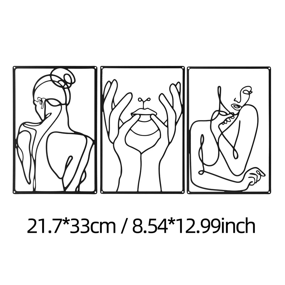 Set of 3Pcs Portraits Of A Lady Black Metal Wall Art 3d Iron Crafted Decorative Wall Plaques For Bedroom Living Room Boutique Salon Art Decor