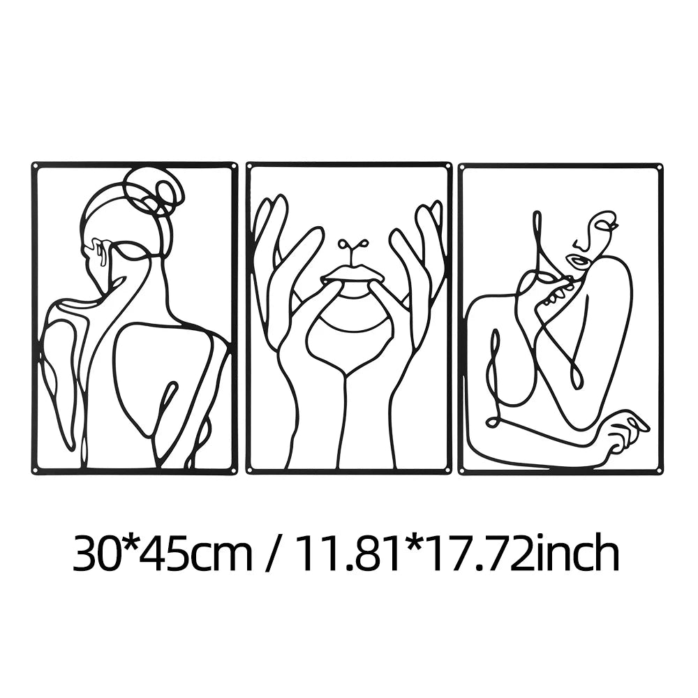 Set of 3Pcs Portraits Of A Lady Black Metal Wall Art 3d Iron Crafted Decorative Wall Plaques For Bedroom Living Room Boutique Salon Art Decor