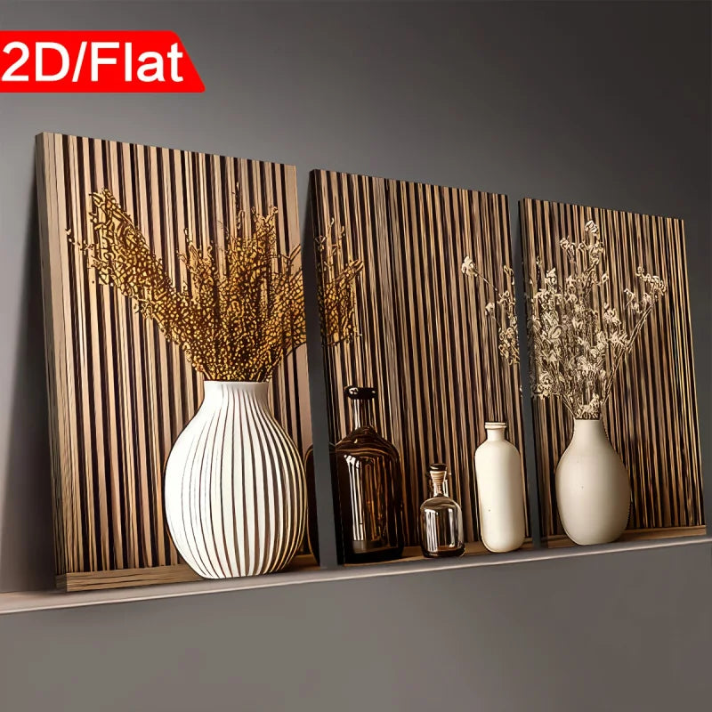 Decorative wall art with wooden panels, vases, and bottles on a gray background.