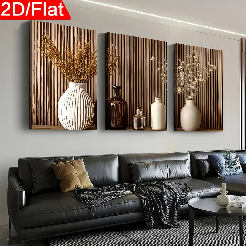 Decorative wall art with vases and plants above a sofa in a living room.