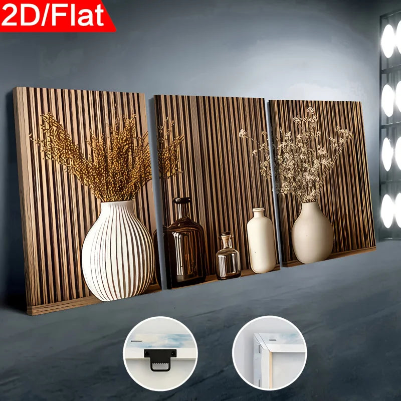 Three wooden wall art panels with decorative vases and plants on a gray surface.