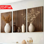 Three wall art panels with decorative vases and plants on a white wall.