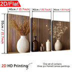 Three framed canvas paintings with decorative elements and measurements, featuring 2D HD printing.