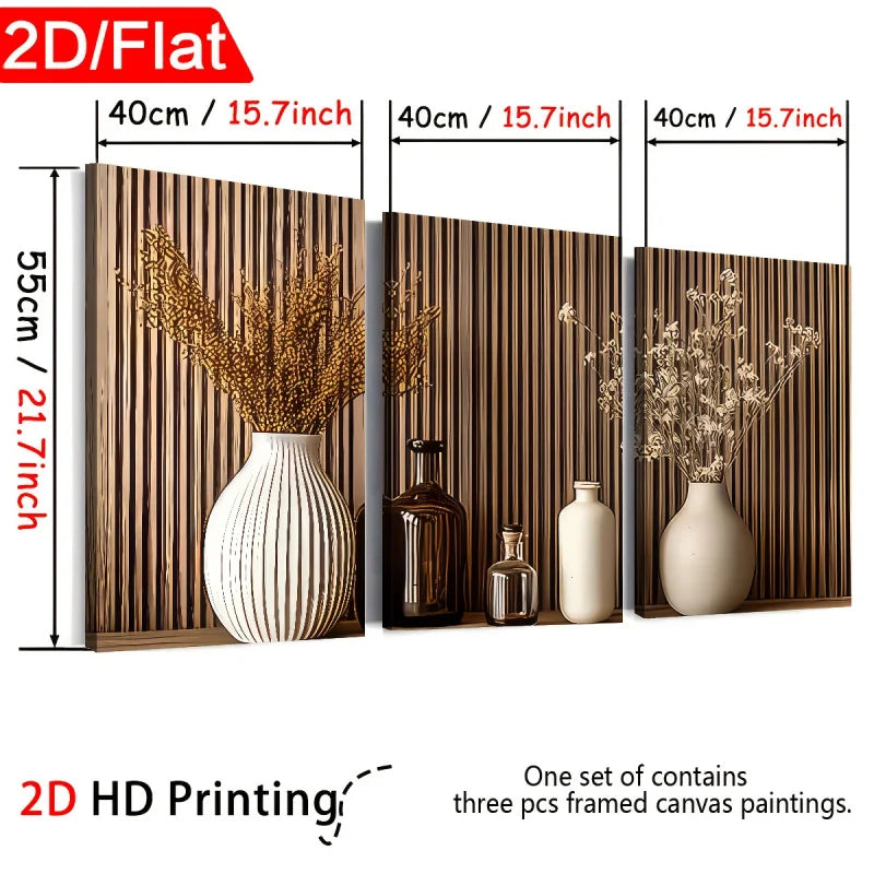 Three framed canvas paintings with decorative elements and measurements, featuring 2D HD printing.
