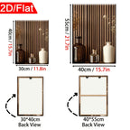 Measurement chart for a decorative wall panel with vases and plants, showing dimensions and back views.