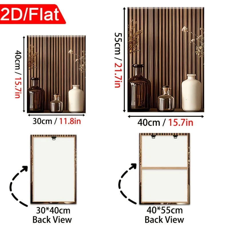 Measurement chart for a decorative wall panel with vases and plants, showing dimensions and back views.