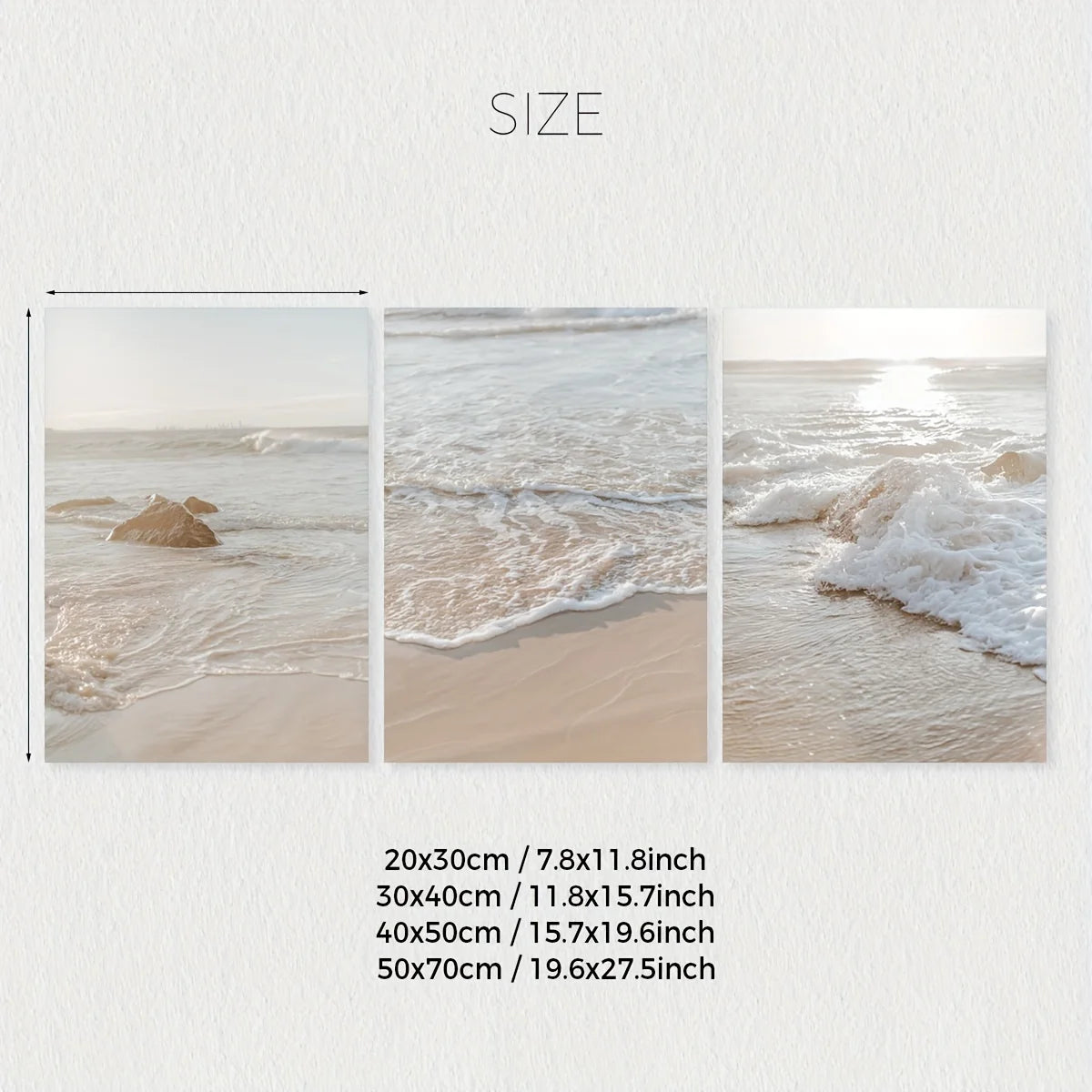 Three beach scenes with varying sizes displayed on a white background