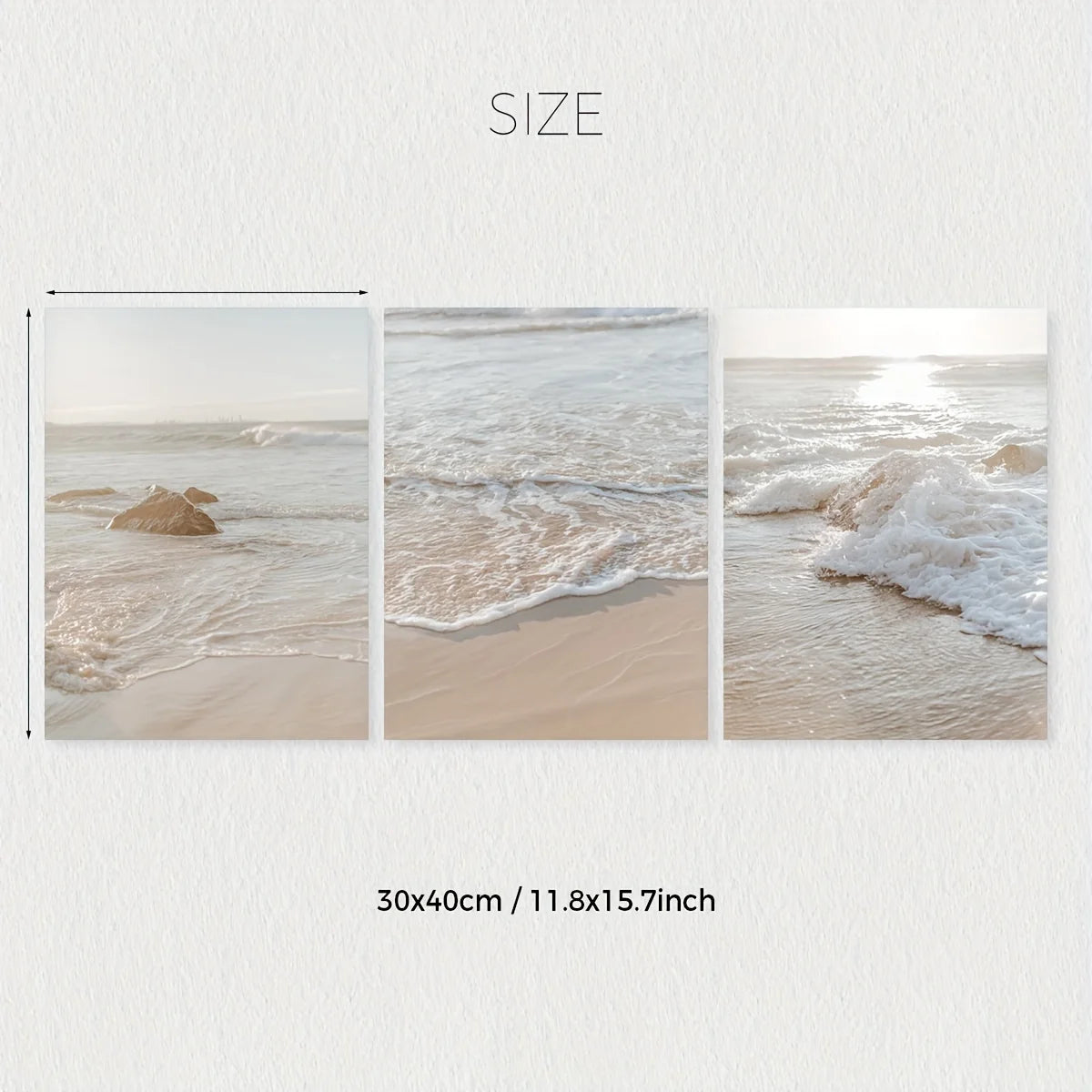 Triptych of beach scenes with wave and sand textures, size 30x40cm.