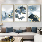 Set of 3Pcs Shades Of Blue Liquid Golden Marble Botanic Wall Art Fine Art Canvas Prints Modern Abstract Pictures For Living Room Nordic Bedroom Art Decor