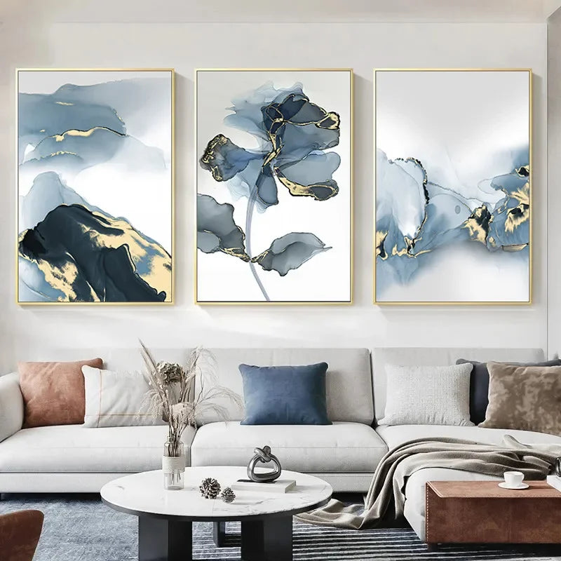 Set of 3Pcs Shades Of Blue Liquid Golden Marble Botanic Wall Art Fine Art Canvas Prints Modern Abstract Pictures For Living Room Nordic Bedroom Art Decor