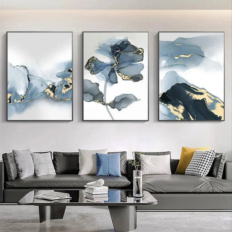 Set of 3Pcs Shades Of Blue Liquid Golden Marble Botanic Wall Art Fine Art Canvas Prints Modern Abstract Pictures For Living Room Nordic Bedroom Art Decor