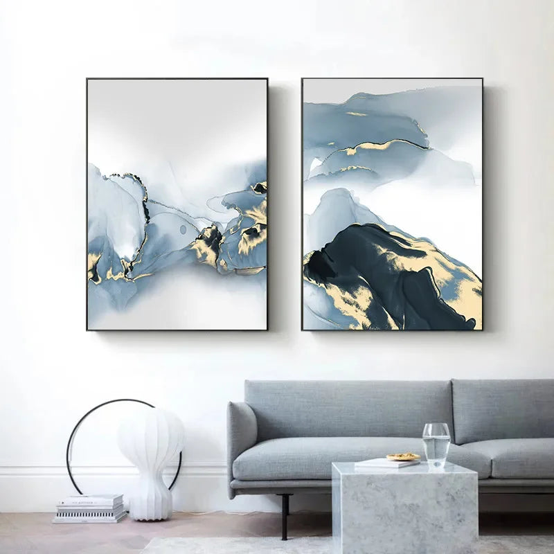 Set of 3Pcs Shades Of Blue Liquid Golden Marble Botanic Wall Art Fine Art Canvas Prints Modern Abstract Pictures For Living Room Nordic Bedroom Art Decor
