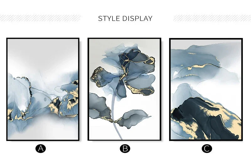 Set of 3Pcs Shades Of Blue Liquid Golden Marble Botanic Wall Art Fine Art Canvas Prints Modern Abstract Pictures For Living Room Nordic Bedroom Art Decor