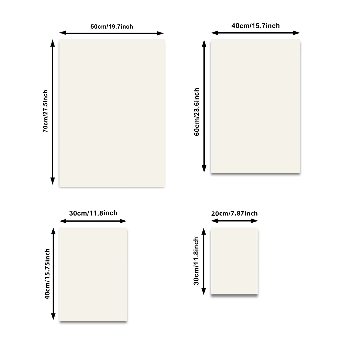 Dimensions of four white rectangular panels with measurements in centimeters and inches.