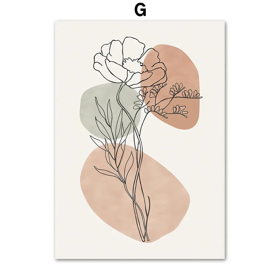 Floral line art with colored circles on a white background