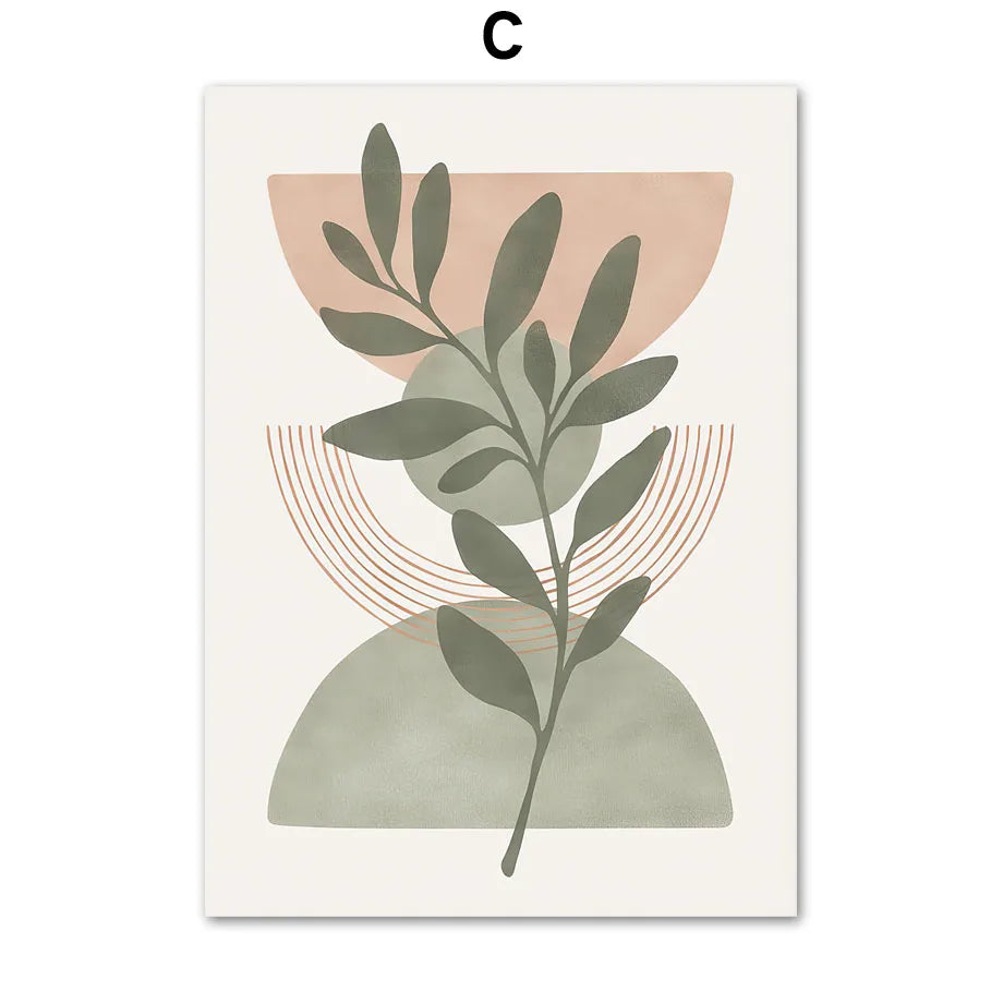 Decorative poster with abstract leaf design and geometric shapes on a white background