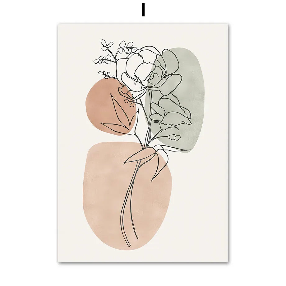 Minimalist illustration of flowers and abstract shapes on a beige background