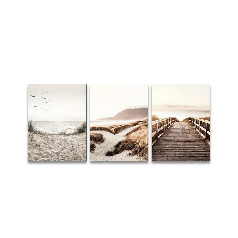 Triptych of beach scenes with a wooden boardwalk, sand dunes, and ocean view.