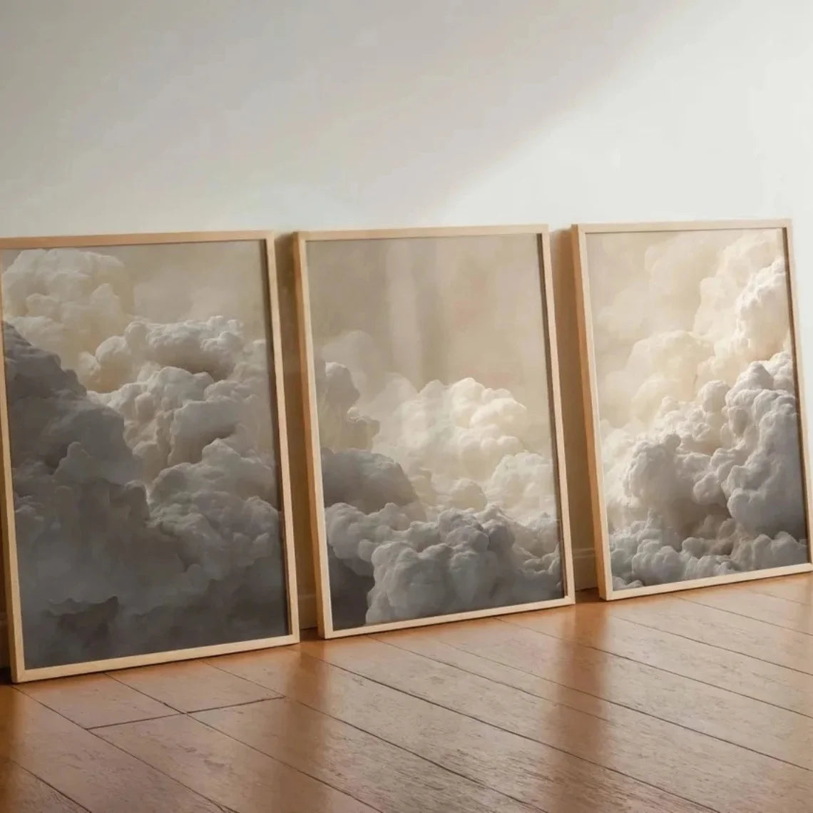 Set of 3Pcs Soft Neutral Cloudscape Canvas Print Set – Minimalist Atmospheric Sky Wall Art for Modern Living Room, Bedroom Home Décor