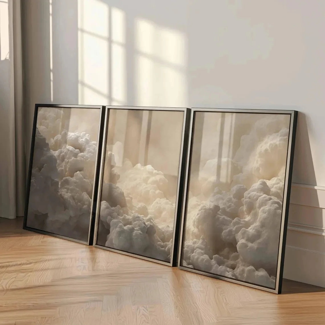 Set of 3Pcs Soft Neutral Cloudscape Canvas Print Set – Minimalist Atmospheric Sky Wall Art for Modern Living Room, Bedroom Home Décor