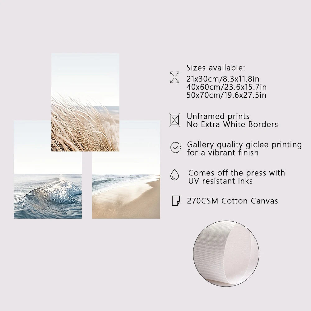 Product details of prints and canvas with beach scene images on a light gray background.