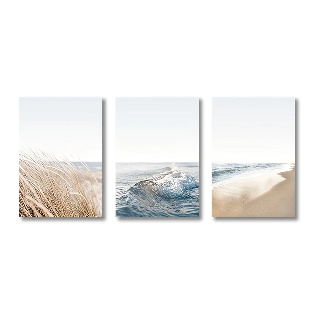 Triptych of beach scenes with sand, waves, and grass on a white background
