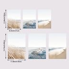 Set of six square prints with beach scenes and dimensions on a white background