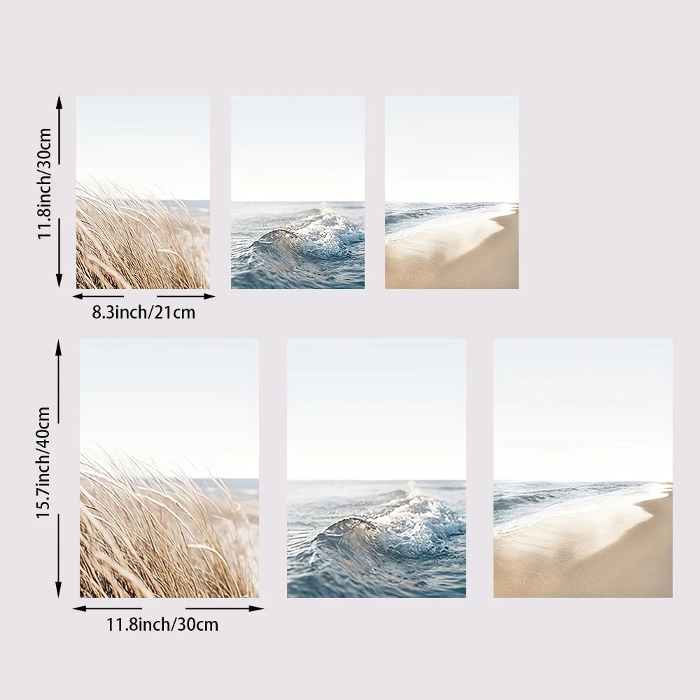 Set of six square prints with beach scenes and dimensions on a white background