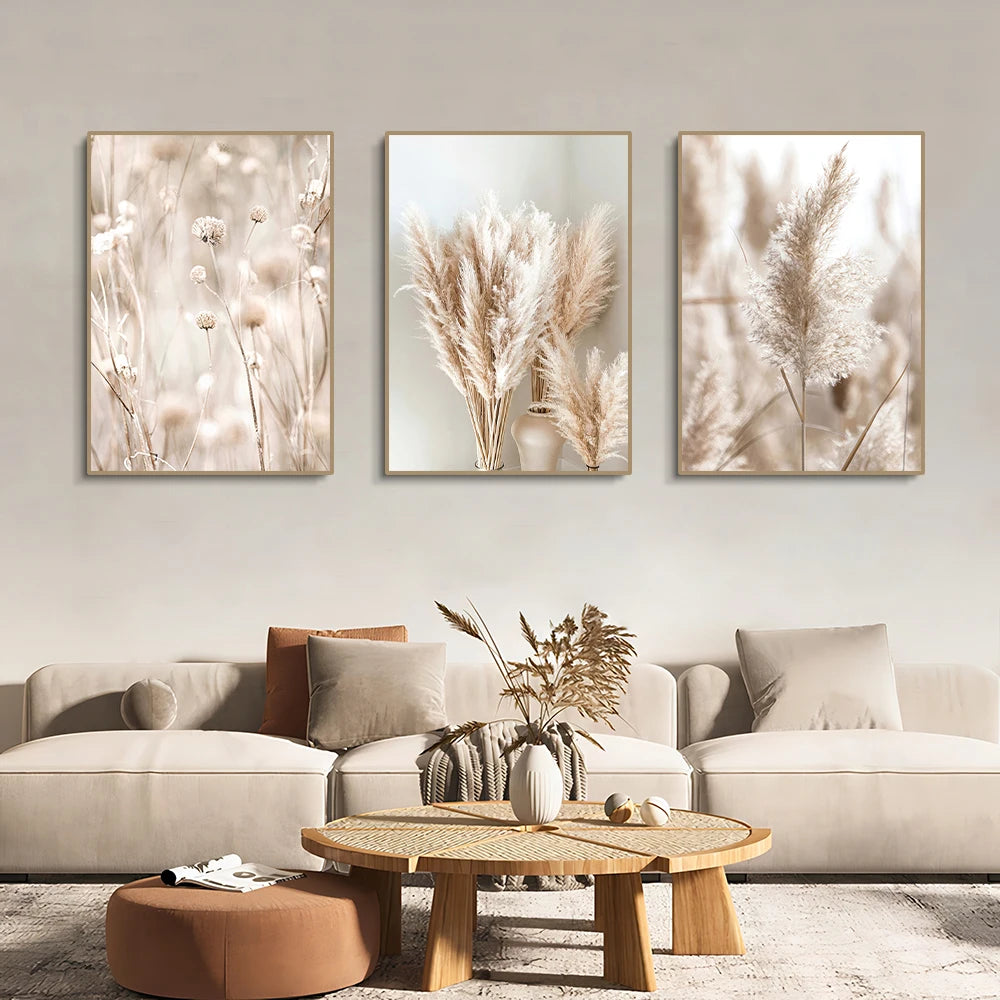 Set of 3Pcs Summer Seascape Coastal Pampas Grass Landscape Wall Art Fine Art Canvas Prints Modern Pictures of Calm For Living Room