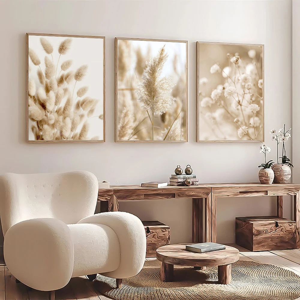 Modern living room with beige armchair, wooden console table, and floral wall art.