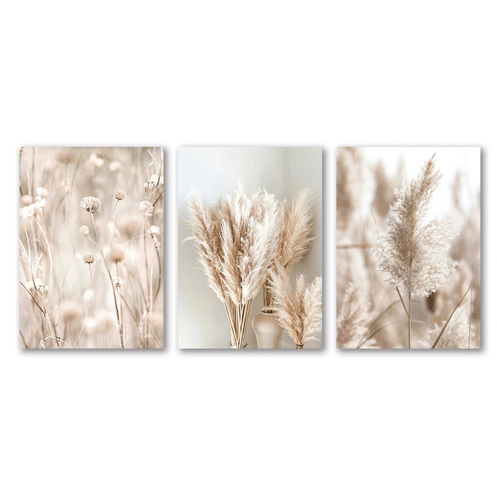 Set of three floral wall art prints with beige and brown tones.