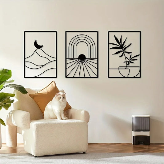Set of 3Pcs Sun Moon Abstract Still Life Botanical Silhouettes Black Metal Wall Art 3D Sculptured Iron Craft Wall Decor For Living Room Dining Room Creative Home Decor