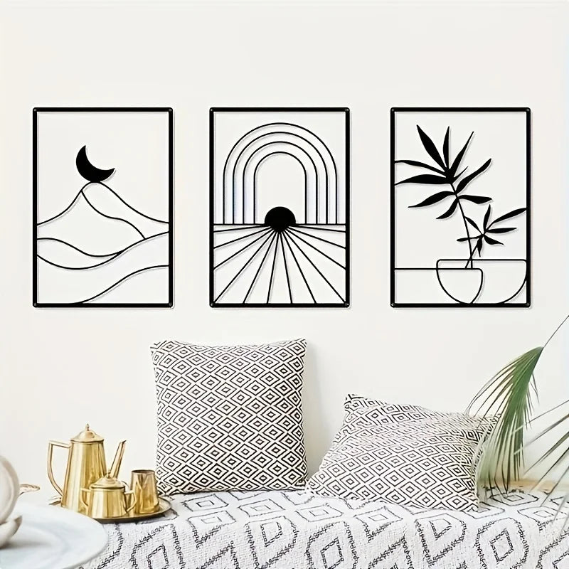 Set of 3Pcs Sun Moon Abstract Still Life Botanical Silhouettes Black Metal Wall Art 3D Sculptured Iron Craft Wall Decor For Living Room Dining Room Creative Home Decor 2025