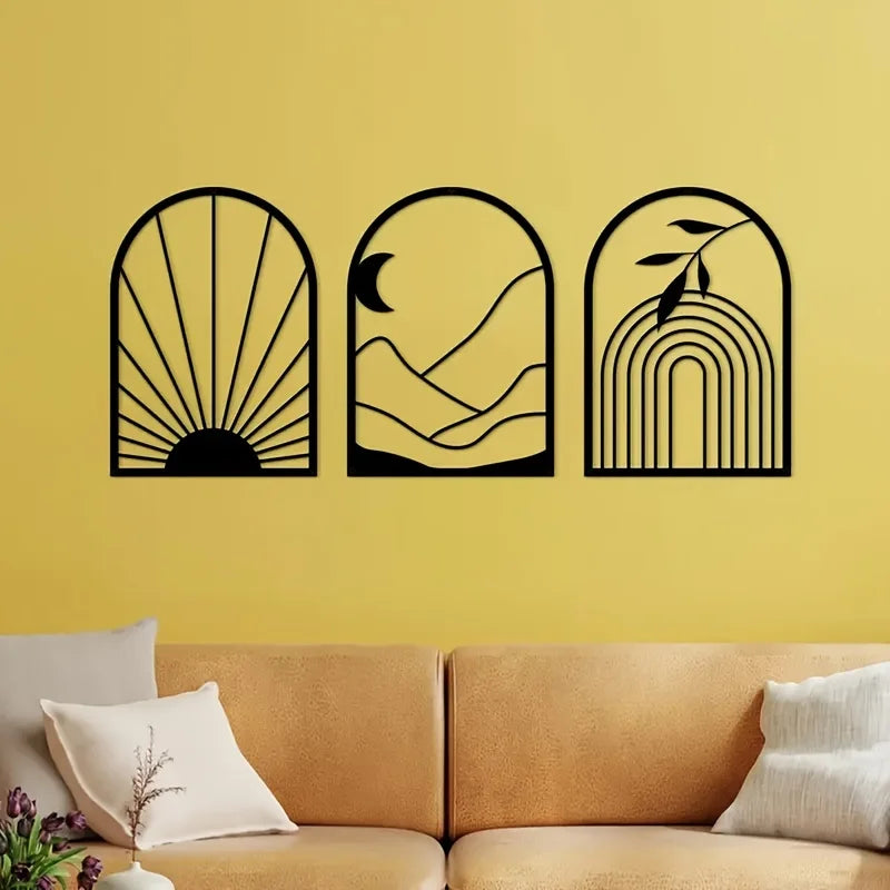 Set of 3Pcs Sun Moon Abstract Still Life Botanical Silhouettes Black Metal Wall Art 3D Sculptured Iron Craft Wall Decor For Living Room Dining Room Creative Home Decor 2025