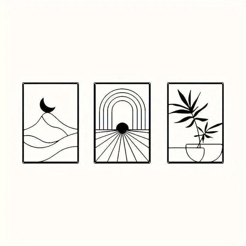 Set of 3Pcs Sun Moon Abstract Still Life Botanical Silhouettes Black Metal Wall Art 3D Sculptured Iron Craft Wall Decor For Living Room Dining Room Creative Home Decor 2025