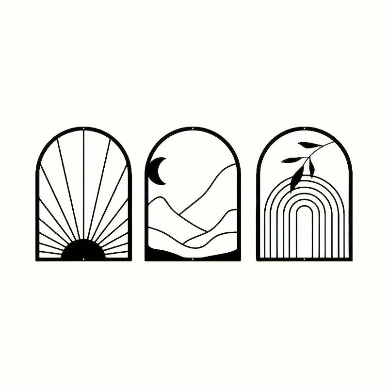Set of 3Pcs Sun Moon Abstract Still Life Botanical Silhouettes Black Metal Wall Art 3D Sculptured Iron Craft Wall Decor For Living Room Dining Room Creative Home Decor 2025