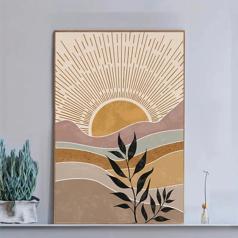 Abstract landscape artwork with sun and hills on a gray wall.