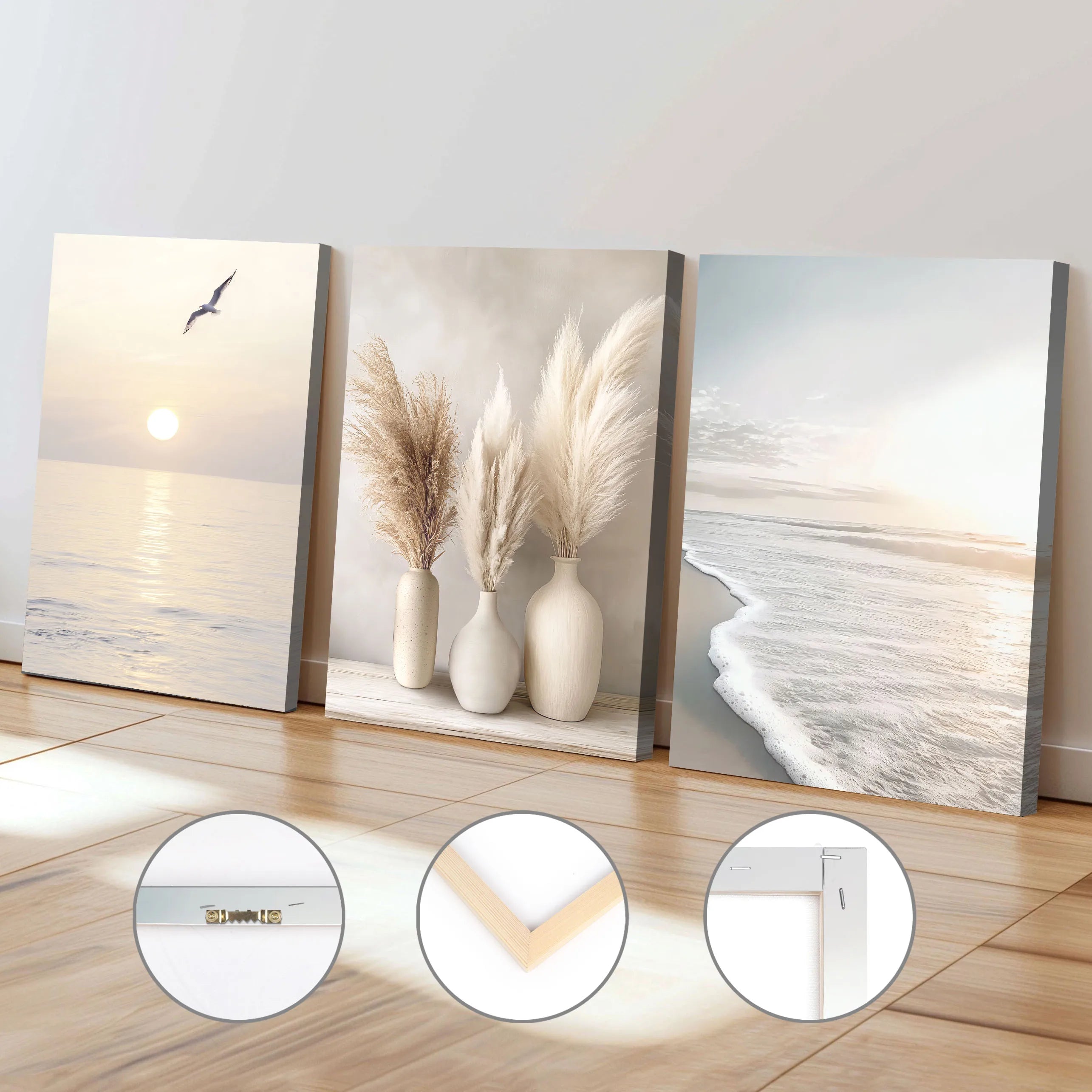Three framed artworks depicting nature scenes on a wall.
