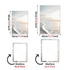 Dimensions and back views of a beach-themed wall art piece.