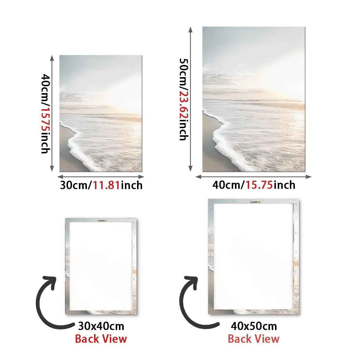Dimensions and back views of a beach-themed wall art piece.