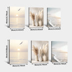 Set of six framed artworks with beach and nature-themed designs, including dimensions.