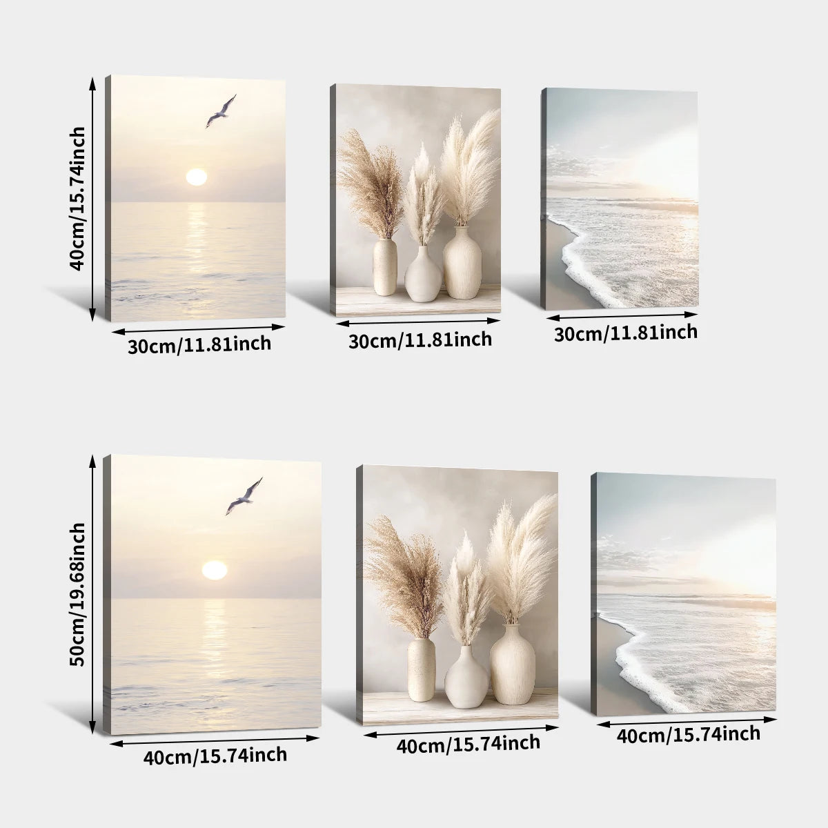 Set of six framed artworks with beach and nature-themed designs, including dimensions.